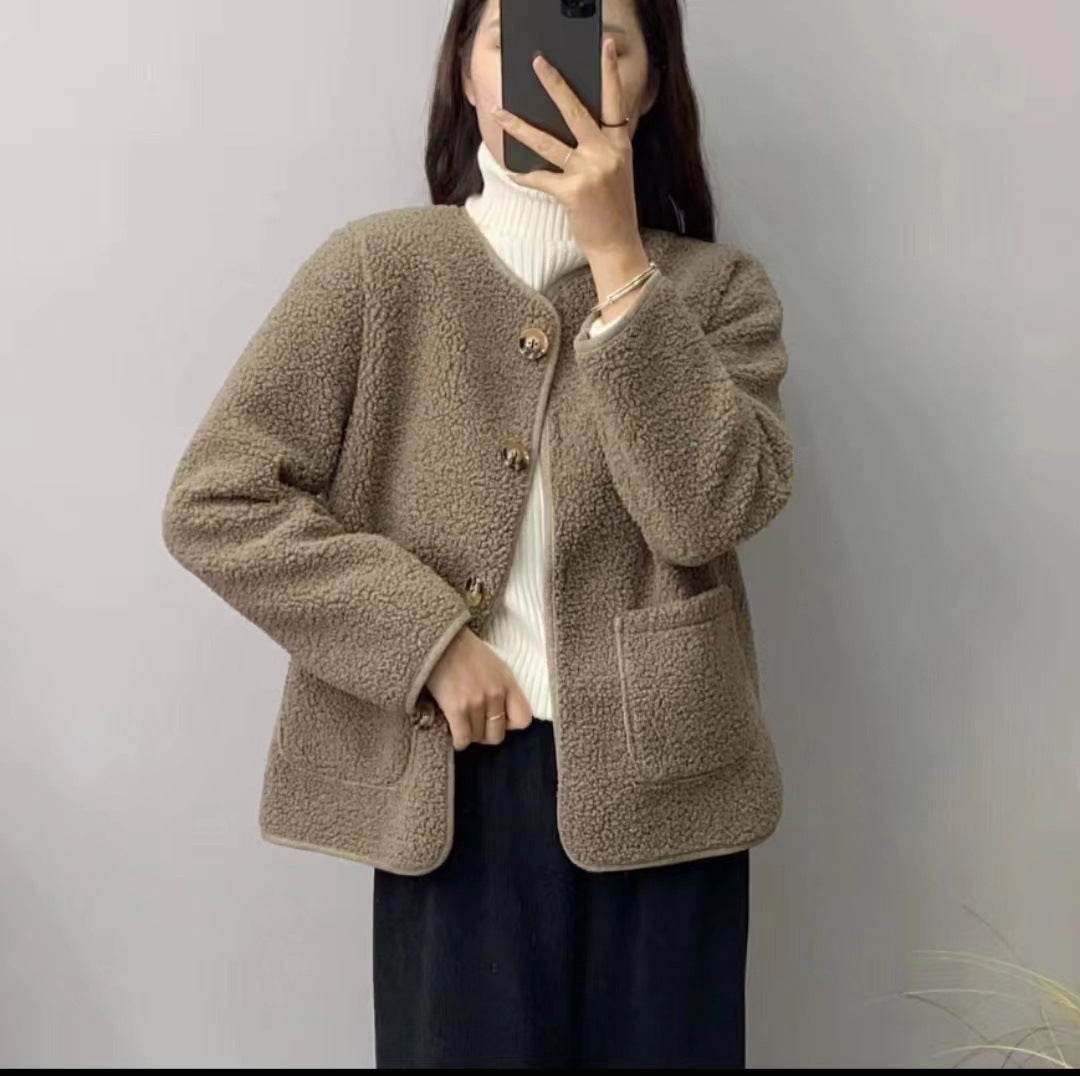Round Neck Lamb Wool Loose Coat - PULSE MART