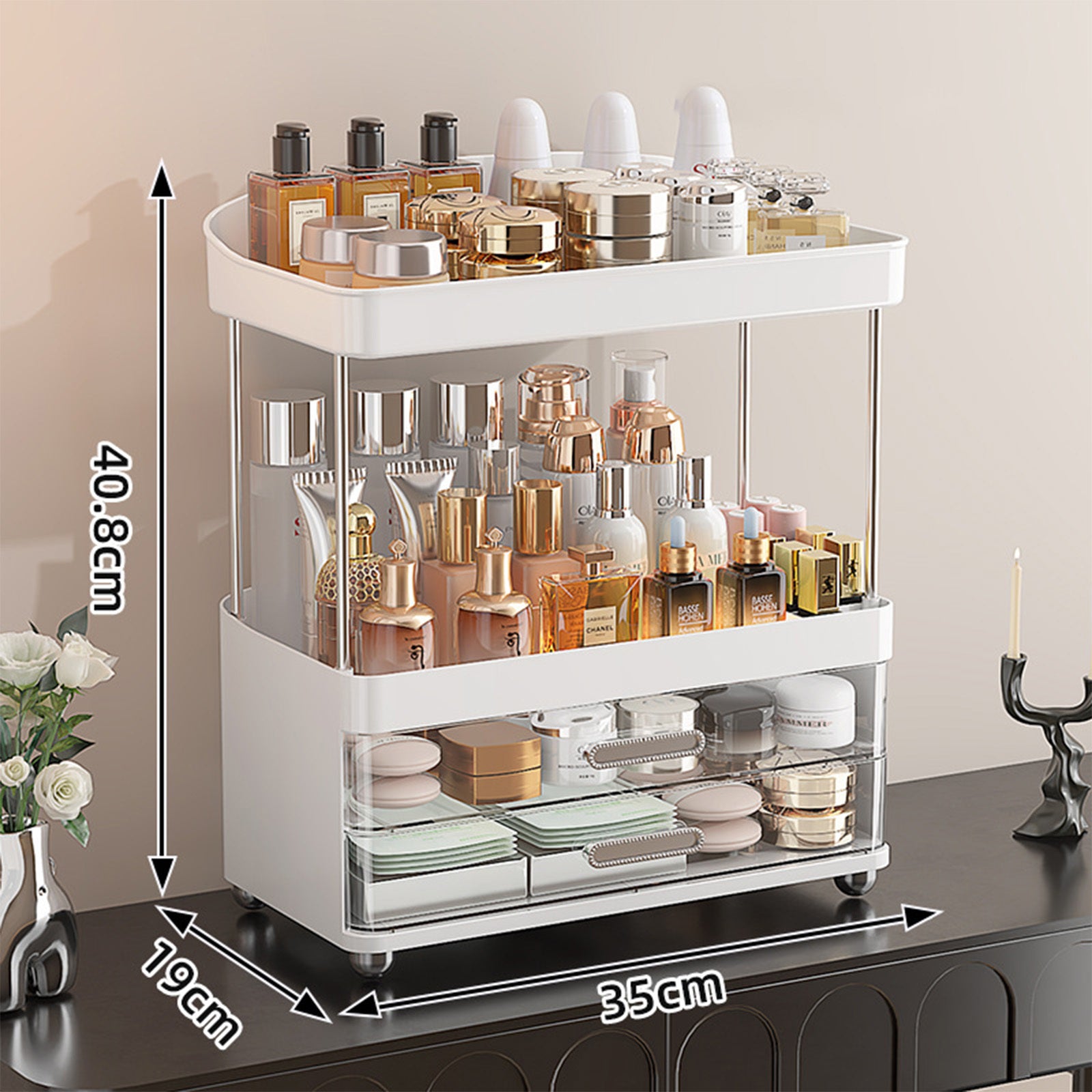 2 Drawers Makeup Organizer - 4 Tier Bathroom Organizers And Storage, Versatile Perfume Vanity Organizer, Ideal For Cosmetic, Large Skincare, Face Mask, Office Supplies - PULSE MART