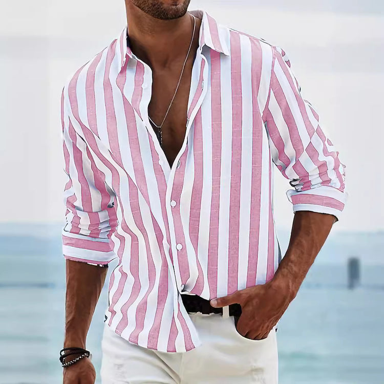 Striped Print Shirt Casual Loose Long-sleeved Shirt Men&