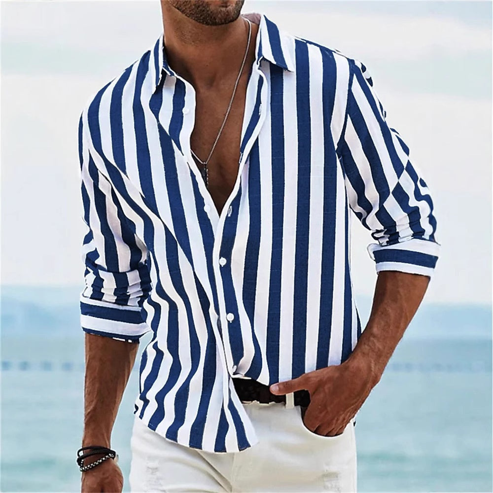 Striped Print Shirt Casual Loose Long-sleeved Shirt Men&