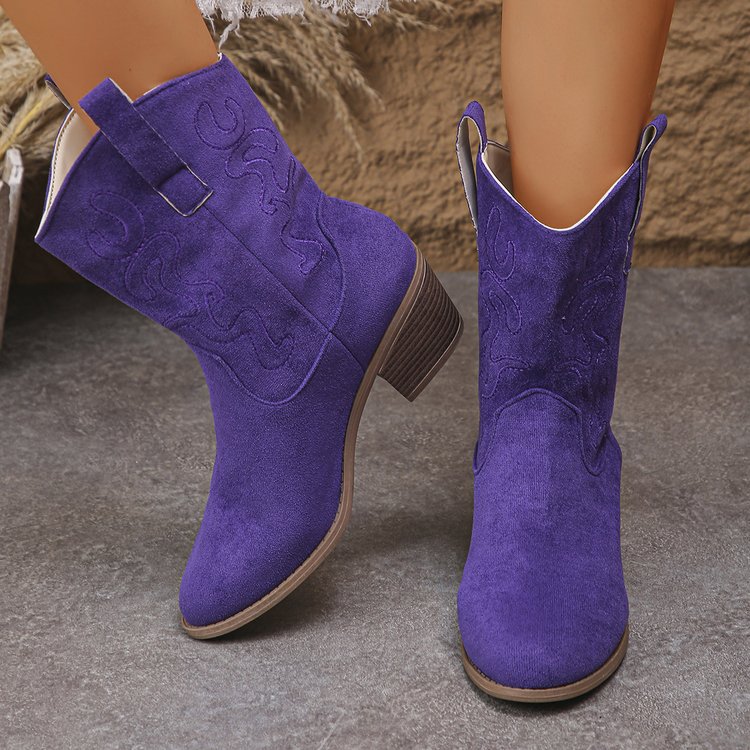 Pointed Toe Western Boots Fashion Retro Embroidered Chunky Square-heeled Mid-calf Boot For Women - PULSE MART