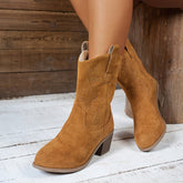 Pointed Toe Western Boots Fashion Retro Embroidered Chunky Square-heeled Mid-calf Boot For Women - PULSE MART