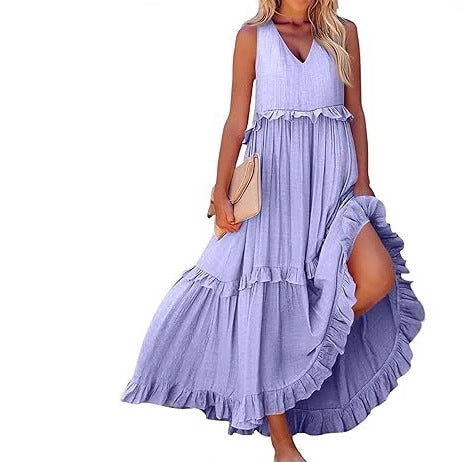 Casual V-neck Pleated Loose Flowy Ruffled Dress - PULSE MART
