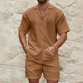 Men Tracksuits Summer Fashion Solid Loose Casual Two Pieces Lapel Button Shirt Shorts Beach Holiday All-match Outfits Male - PULSE MART