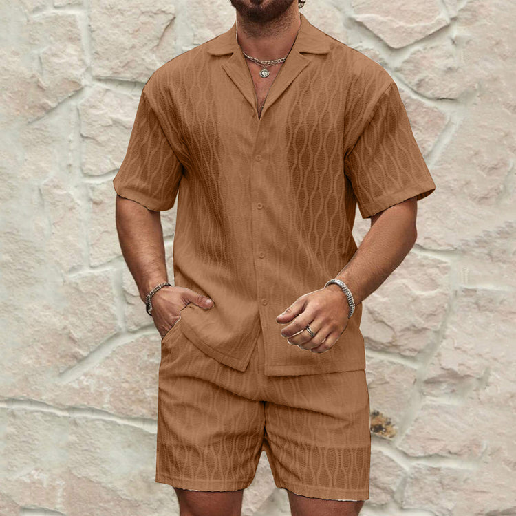 Men Tracksuits Summer Fashion Solid Loose Casual Two Pieces Lapel Button Shirt Shorts Beach Holiday All-match Outfits Male - PULSE MART