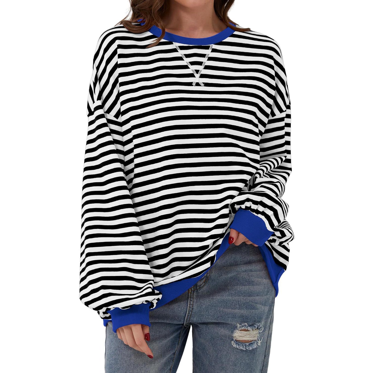 Loose Striped Long Sleeve T-shirt Casual Pullover Sweater For Womens Clothing - PULSE MART