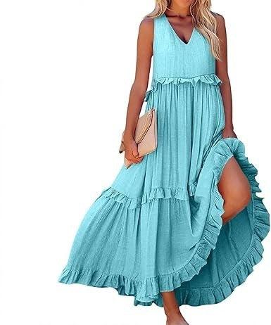 Casual V-neck Pleated Loose Flowy Ruffled Dress - PULSE MART