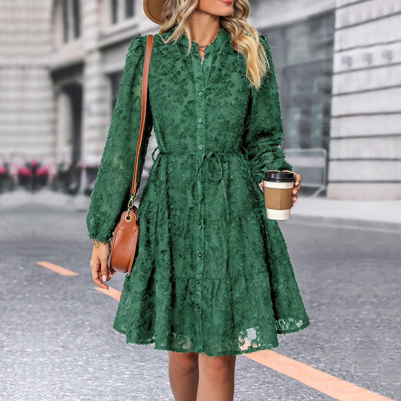 Lace Tied Long Sleeve Dress Fashion Medium Length Dresses Womens Clothing - PULSE MART