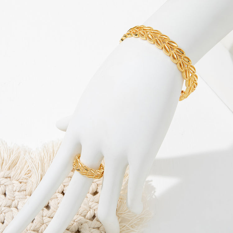 2Pcs Fashion 18k Gold Plated Wheat Ear Leaves Opening Bracelet Ring Set Suitable For Women&