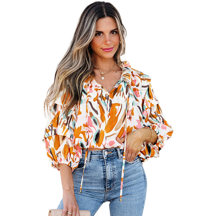 European & American Fashion Colorblock Printed Vneck Chiffon