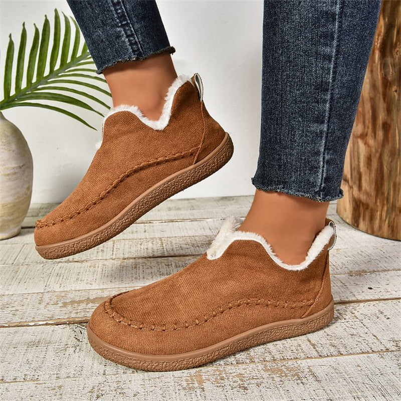 Fashion V-cut Plush Ankle Boots Winter Plus Velvet Flat Snow Boot Casual Warm Solid Suede Cotton Shoes For Women - PULSE MART