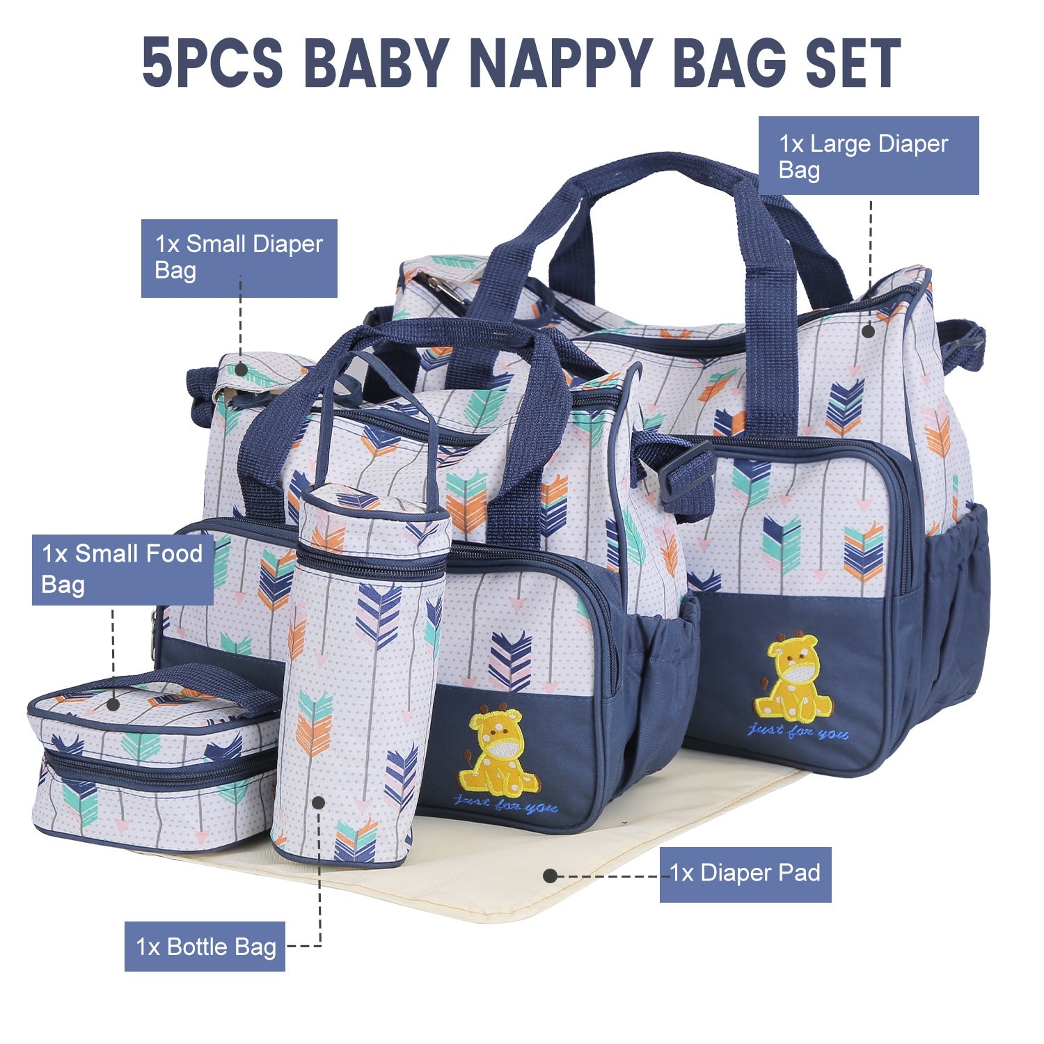 5Pcs Baby Nappy Diaper Bags Set Mummy Diaper Handbags With Diaper Pad Food Bag Bottle Bag Travel Tote Bags For Mom Dad - PULSE MART