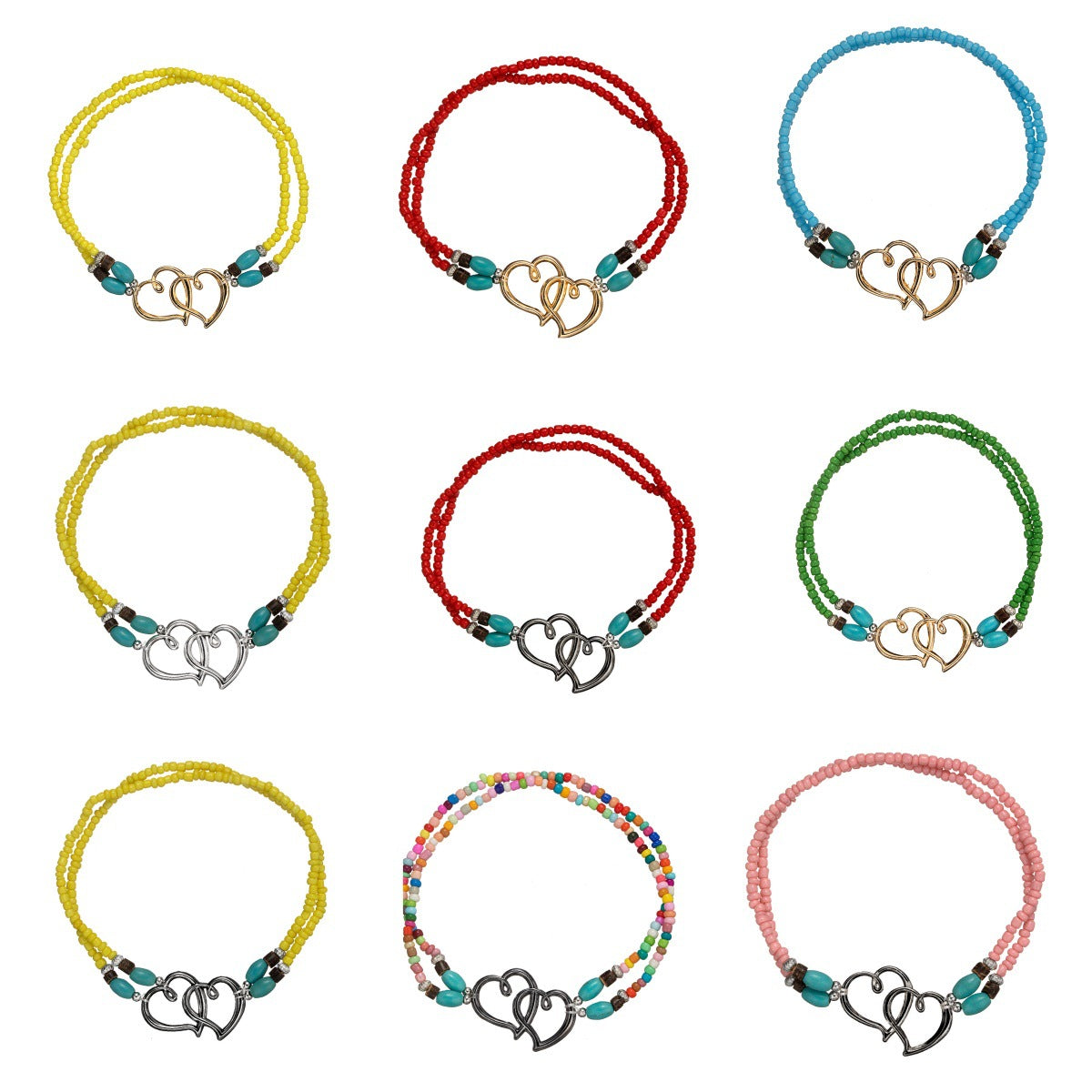 Fashion Vacation Style Alloy Double Heart Bead Turquoise Double Elastic Anklet - PULSE MART