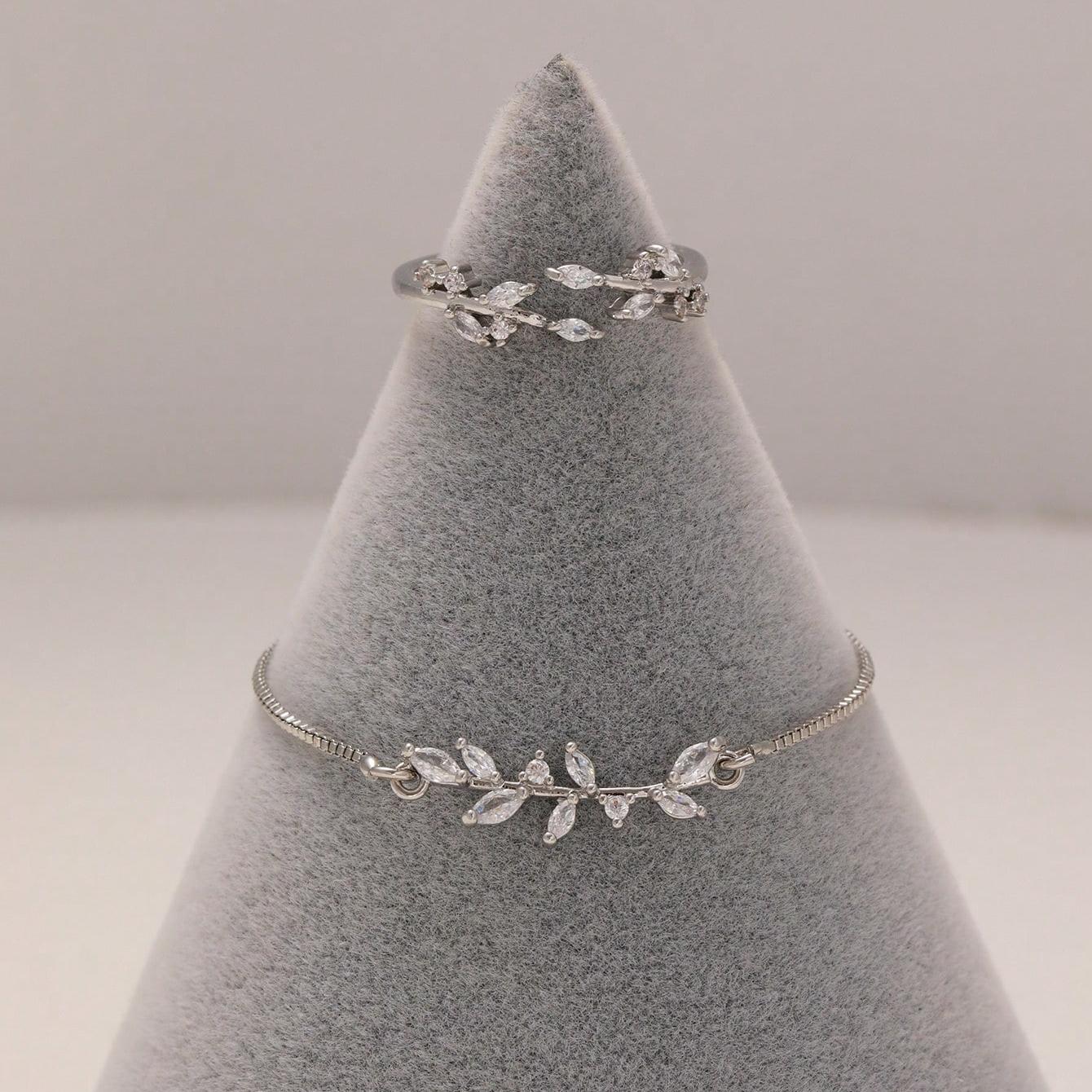 2pcs Fashion Silver Horse Eye Crystal Zircon Leaf Bracelet And Ring,Pulling Bracelet Suitable For Women&