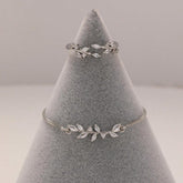 2pcs Fashion Silver Horse Eye Crystal Zircon Leaf Bracelet And Ring,Pulling Bracelet Suitable For Women&