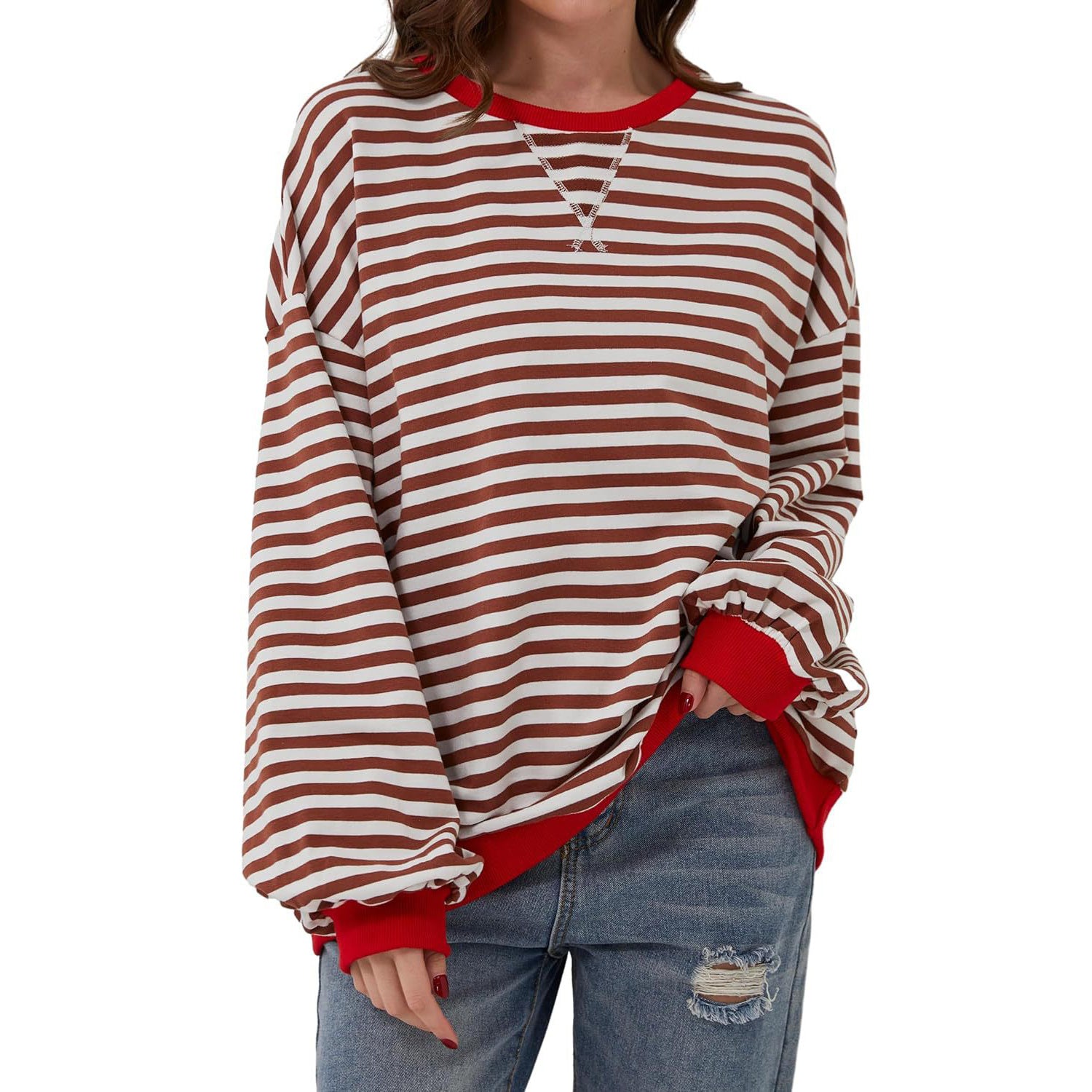 Loose Striped Long Sleeve T-shirt Casual Pullover Sweater For Womens Clothing - PULSE MART