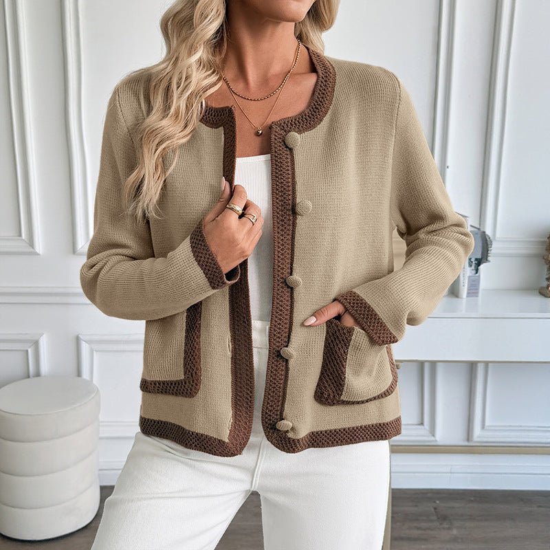 Contrast Color Knitted Cardigan Women's Sweater Coat - PULSE MART