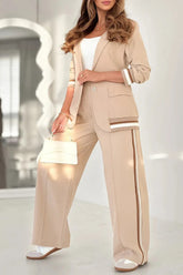 2 Pcs Set Women Suit Coat Pants Suit Lapel Long Sleeves Lady Jacket Wide Leg High Waist Trousers Female Commuting Office Outfit - PULSE MART