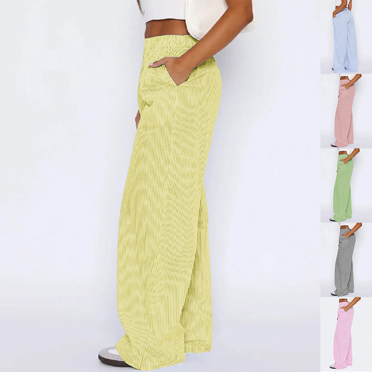 Striped Trousers With Pockets Ins Fashion Casual Wide Leg Straight Pants For Women Clothing - PULSE MART