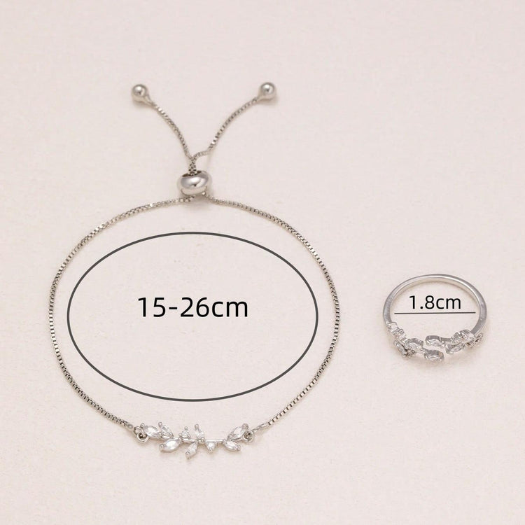 2pcs Fashion Silver Horse Eye Crystal Zircon Leaf Bracelet And Ring,Pulling Bracelet Suitable For Women&