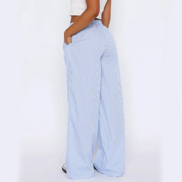 Striped Trousers With Pockets Ins Fashion Casual Wide Leg Straight Pants For Women Clothing - PULSE MART