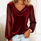 Long Sleeve V-neck Velvet T-Shirt Elegant Diamond Mesh 