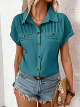 Lapel Shoulder Pleated Pocket Short Sleeve Top ShirtT-shirt Women - PULSE MART