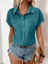 Lapel Shoulder Pleated Pocket Short Sleeve Top ShirtT-shirt Women - PULSE MART