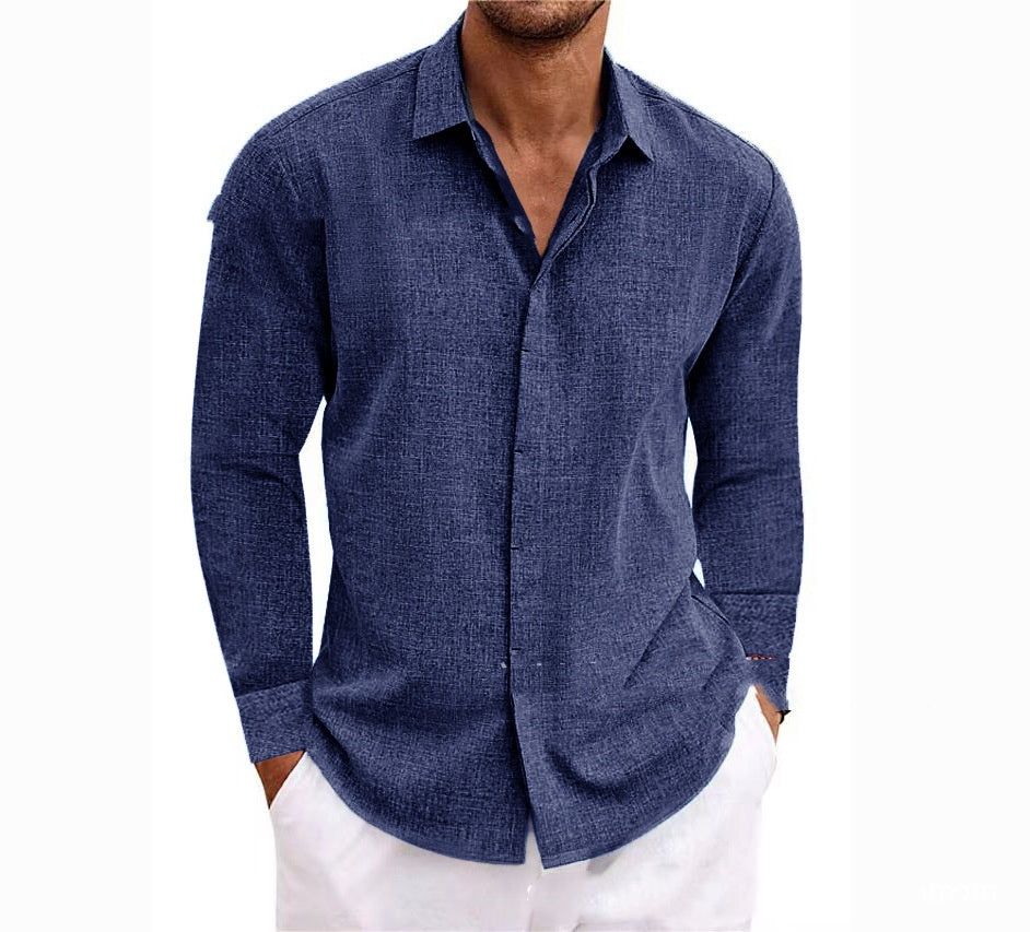 Long Sleeve T-shirt Undershirt Solid Color Long Sleeve Cotton Linen Shirt Men - PULSE MART