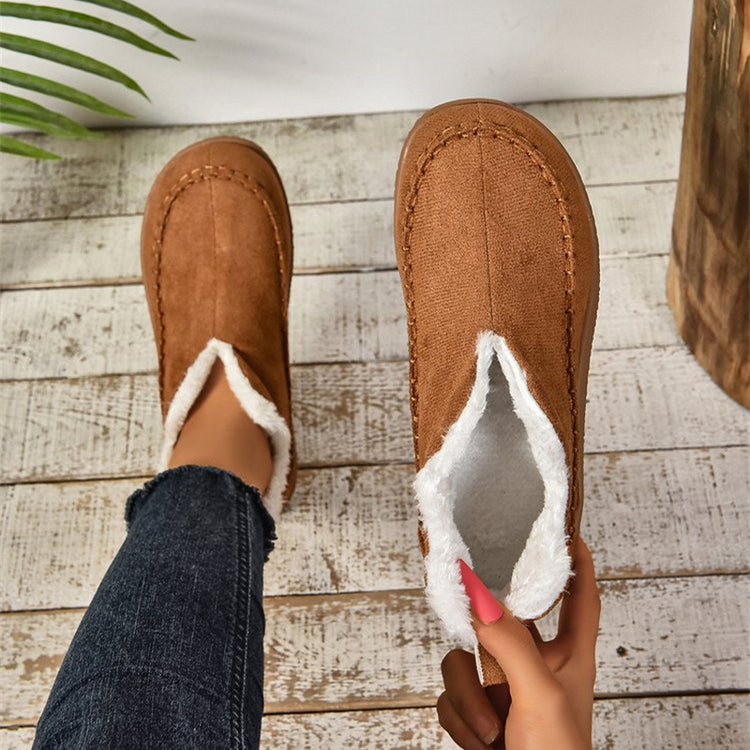 Fashion V-cut Plush Ankle Boots Winter Plus Velvet Flat Snow Boot Casual Warm Solid Suede Cotton Shoes For Women - PULSE MART