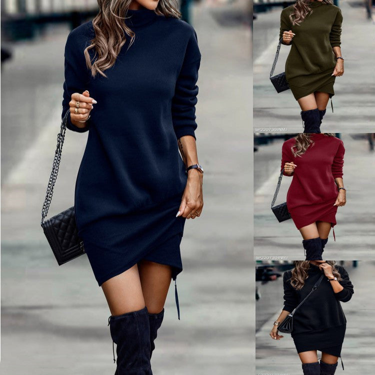 Long Sleeve Dress Solid Color High Neck Cross Short Dress Womens Clothing - PULSE MART