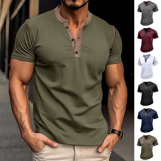 Fashion Short-sleeved Polo Shirt Summer Button V-neck T-shirt Tops Mens Clothing - PULSE MART