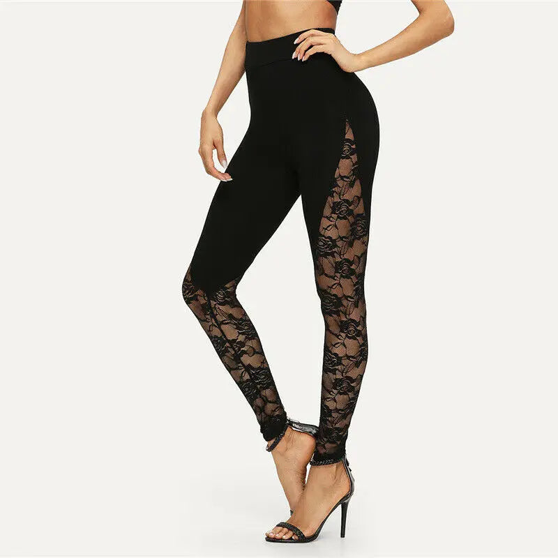 Sexy High Waist Black Lace Leggings Women's Floral Lace Side Panel Cut Out Black Leggings