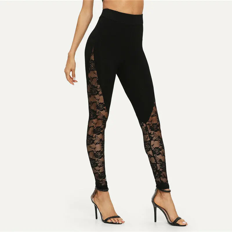 Sexy High Waist Black Lace Leggings Women's Floral Lace Side Panel Cut Out Black Leggings