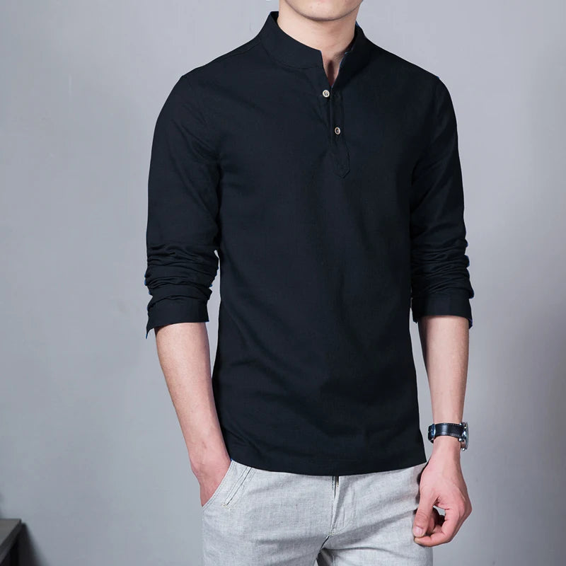Men’s Spring Linen Long-Sleeve T-Shirt – Slim Fit Stand Collar Base Shirt