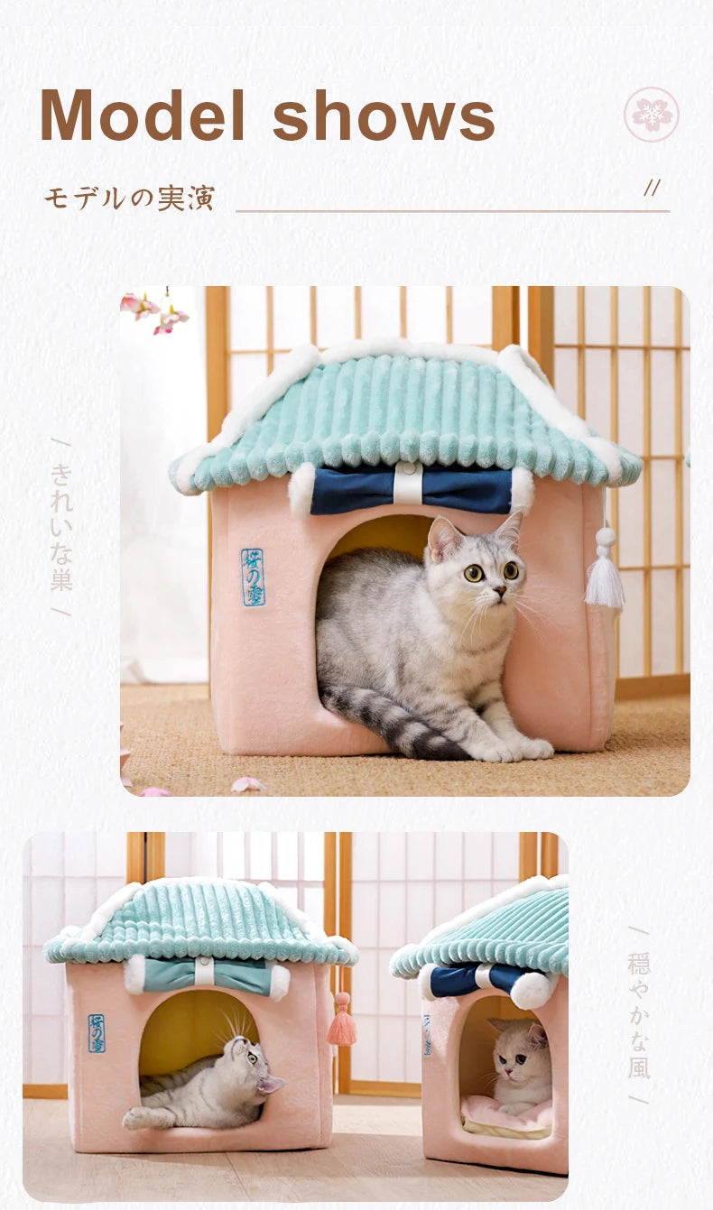 Cute Fully Enclosed Cat House – Warm Winter Sleeping Bed for Cats & Puppies