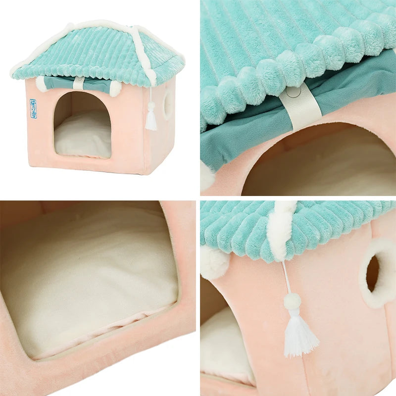 Cute Fully Enclosed Cat House – Warm Winter Sleeping Bed for Cats & Puppies