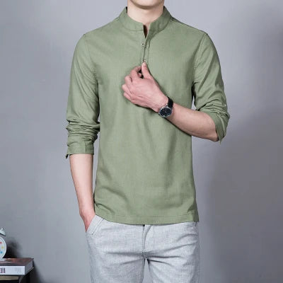 Men’s Spring Linen Long-Sleeve T-Shirt – Slim Fit Stand Collar Base Shirt