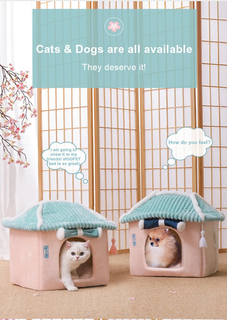 Cute Fully Enclosed Cat House – Warm Winter Sleeping Bed for Cats & Puppies