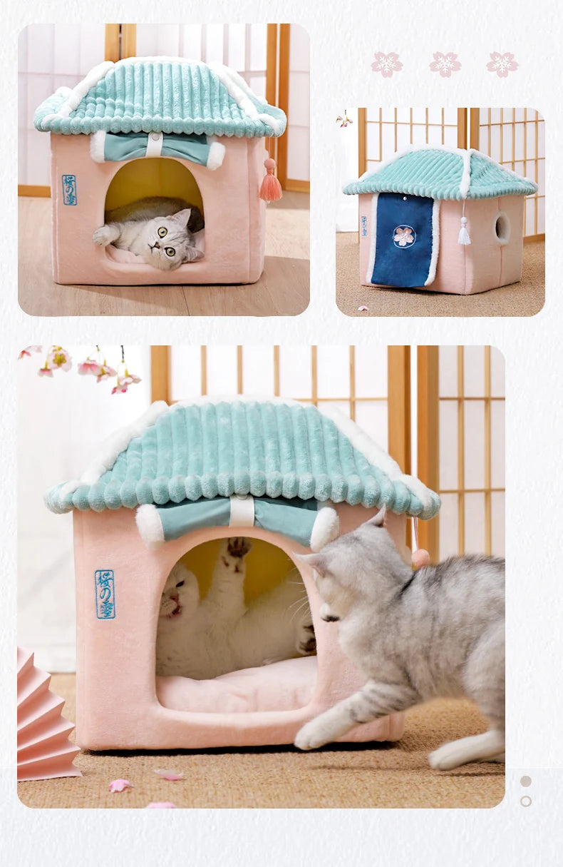 Cute Fully Enclosed Cat House – Warm Winter Sleeping Bed for Cats & Puppies