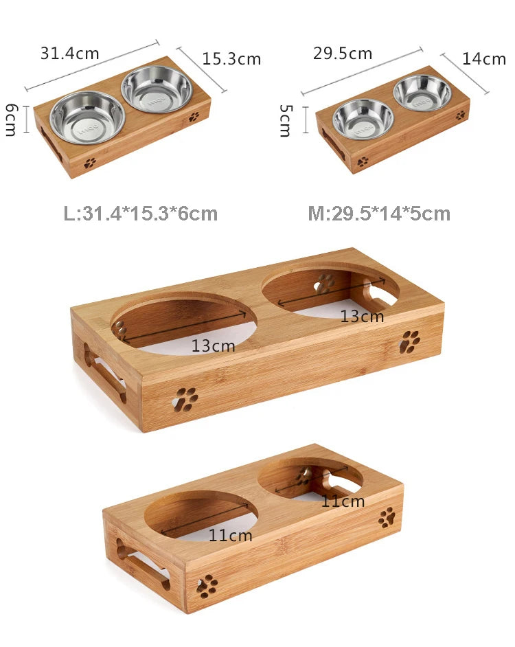 Ceramic Elevated Double Pet Bowls - Bamboo Wooden Stand for Cats & Small Dogs