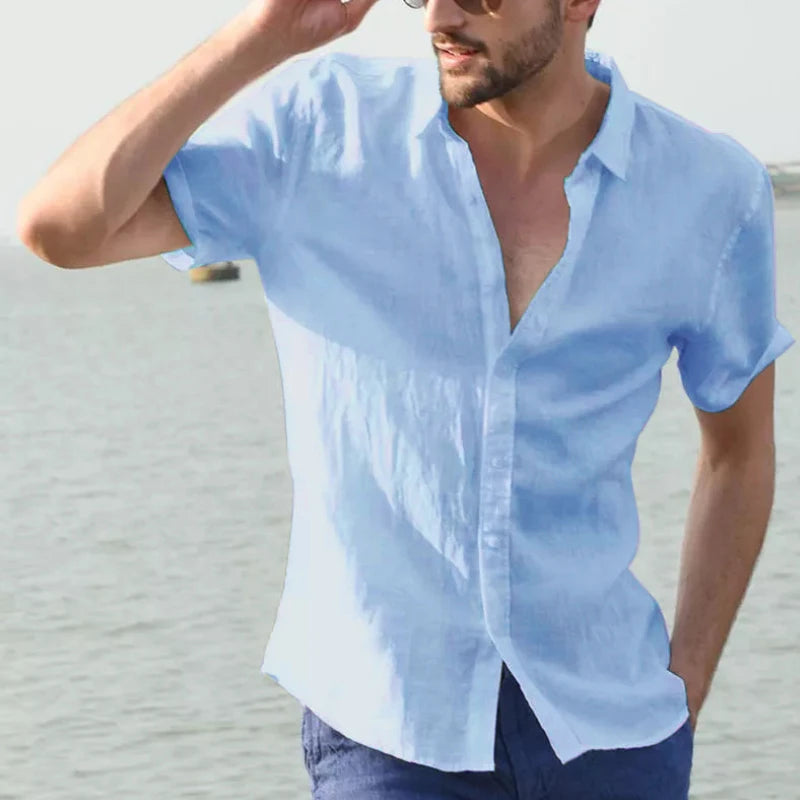 Men’s Casual Short Sleeve Shirt – Solid Color Lapel Button-Down Vintage Streetwear Blouse M-3XL