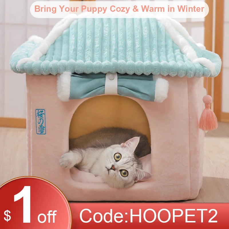 Cute Fully Enclosed Cat House – Warm Winter Sleeping Bed for Cats & Puppies