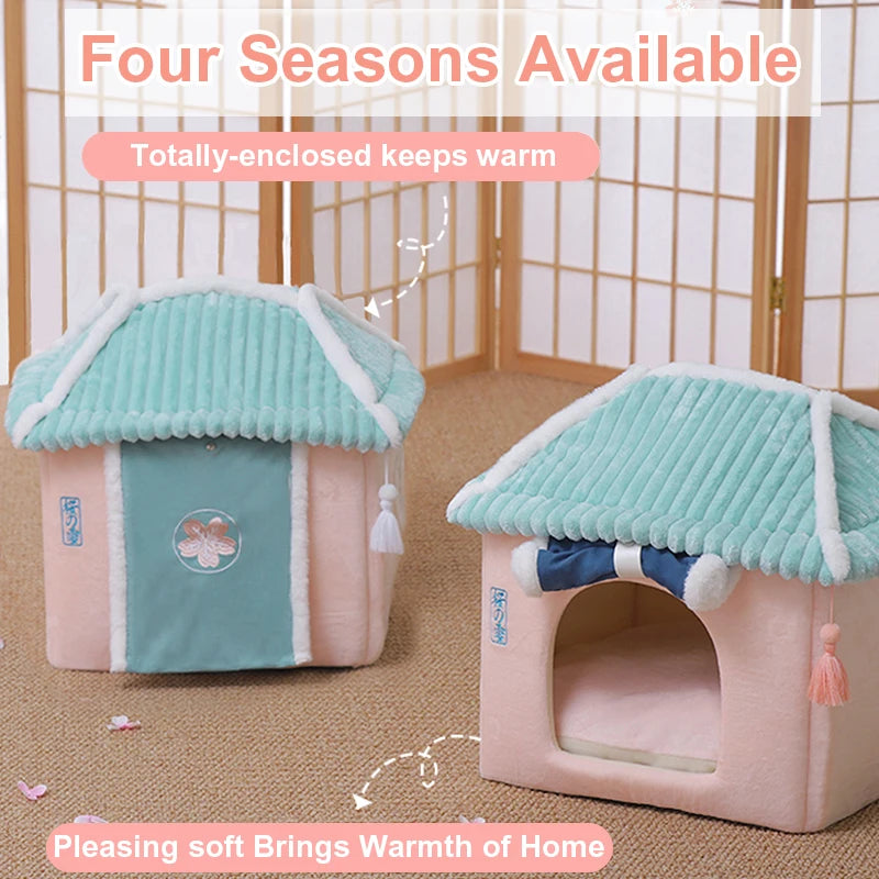 Cute Fully Enclosed Cat House – Warm Winter Sleeping Bed for Cats & Puppies