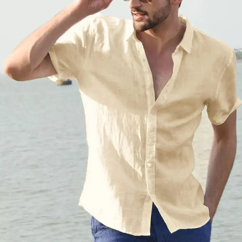 Men’s Casual Short Sleeve Shirt – Solid Color Lapel Button-Down Vintage Streetwear Blouse M-3XL