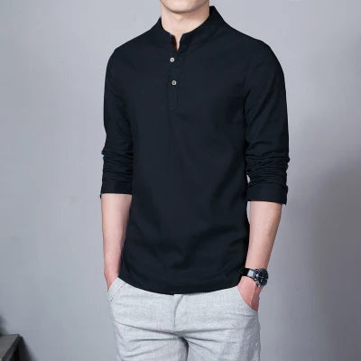 Men’s Spring Linen Long-Sleeve T-Shirt – Slim Fit Stand Collar Base Shirt