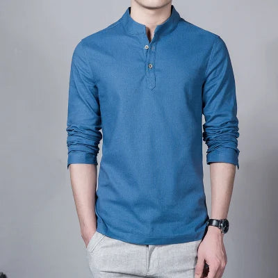 Men’s Spring Linen Long-Sleeve T-Shirt – Slim Fit Stand Collar Base Shirt