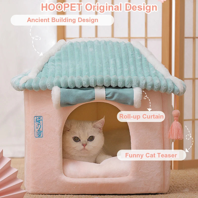 Cute Fully Enclosed Cat House – Warm Winter Sleeping Bed for Cats & Puppies