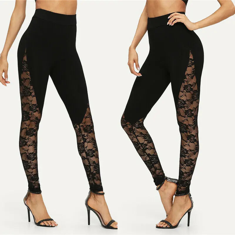 Sexy High Waist Black Lace Leggings Women's Floral Lace Side Panel Cut Out Black Leggings