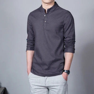 Men’s Spring Linen Long-Sleeve T-Shirt – Slim Fit Stand Collar Base Shirt